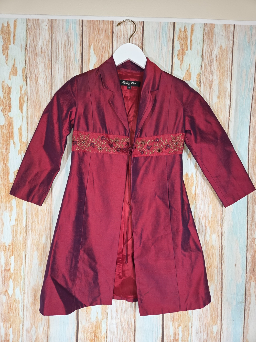 Monkey Wear Y2k Kid's 100% Silk Burgundy Embroidered Tie Front Lined Jacket 6